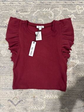 Day + Moon Burgundy Ruffle Cap-Sleeve Crop Top